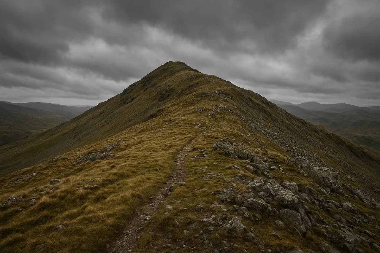 Rocky Lake District fell ridge under overcast sky, typical of the terrain a Bob Graham Round attempt crosses.