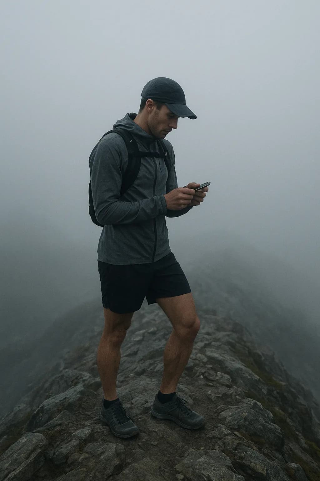 A runner checking a compass on an exposed ridge in thick cloud with visibility reduced to a few metres.