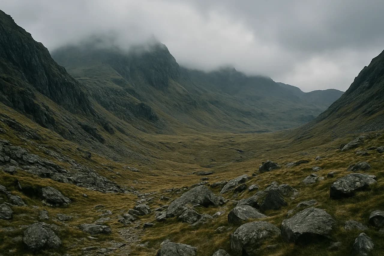Remote Snowdonia mountain terrain in low cloud, typical of the ground a Paddy Buckley Round attempt crosses.