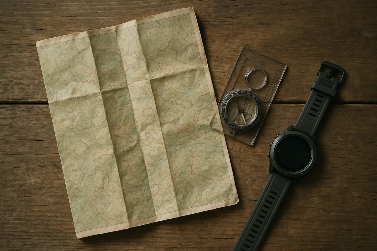 A worn paper map, compass and GPS watch laid out together, evoking the route planning that goes into comparing the three Rounds.