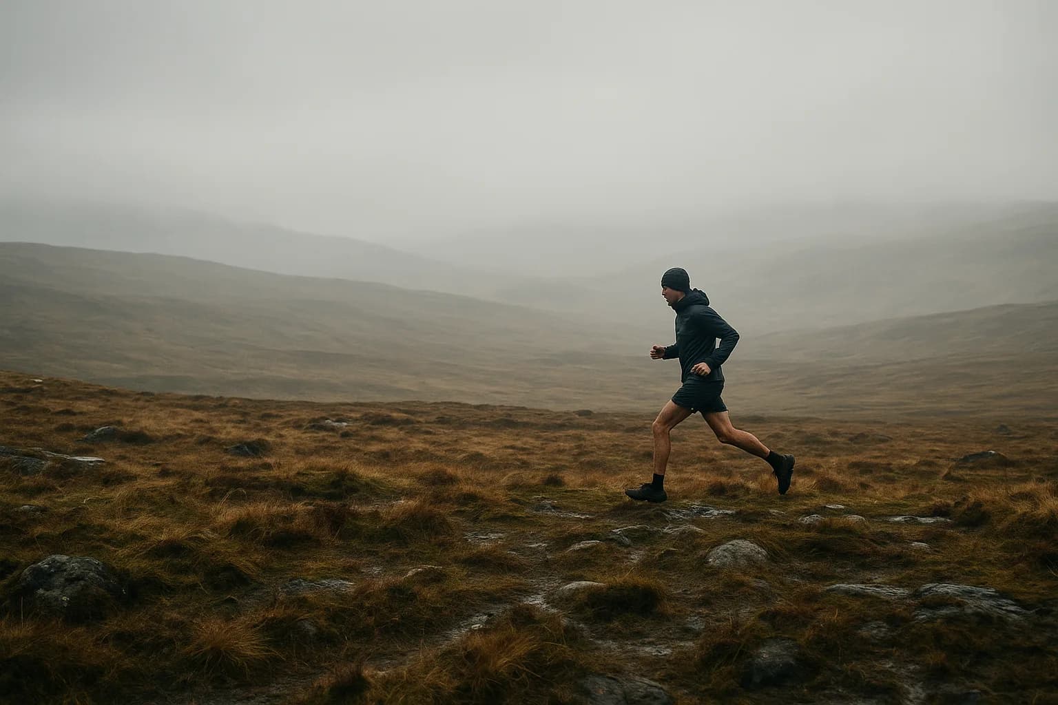 A lone runner crossing open, misty upland moorland with no path or waymarker visible — the kind of unmarked terrain a Round crosses.