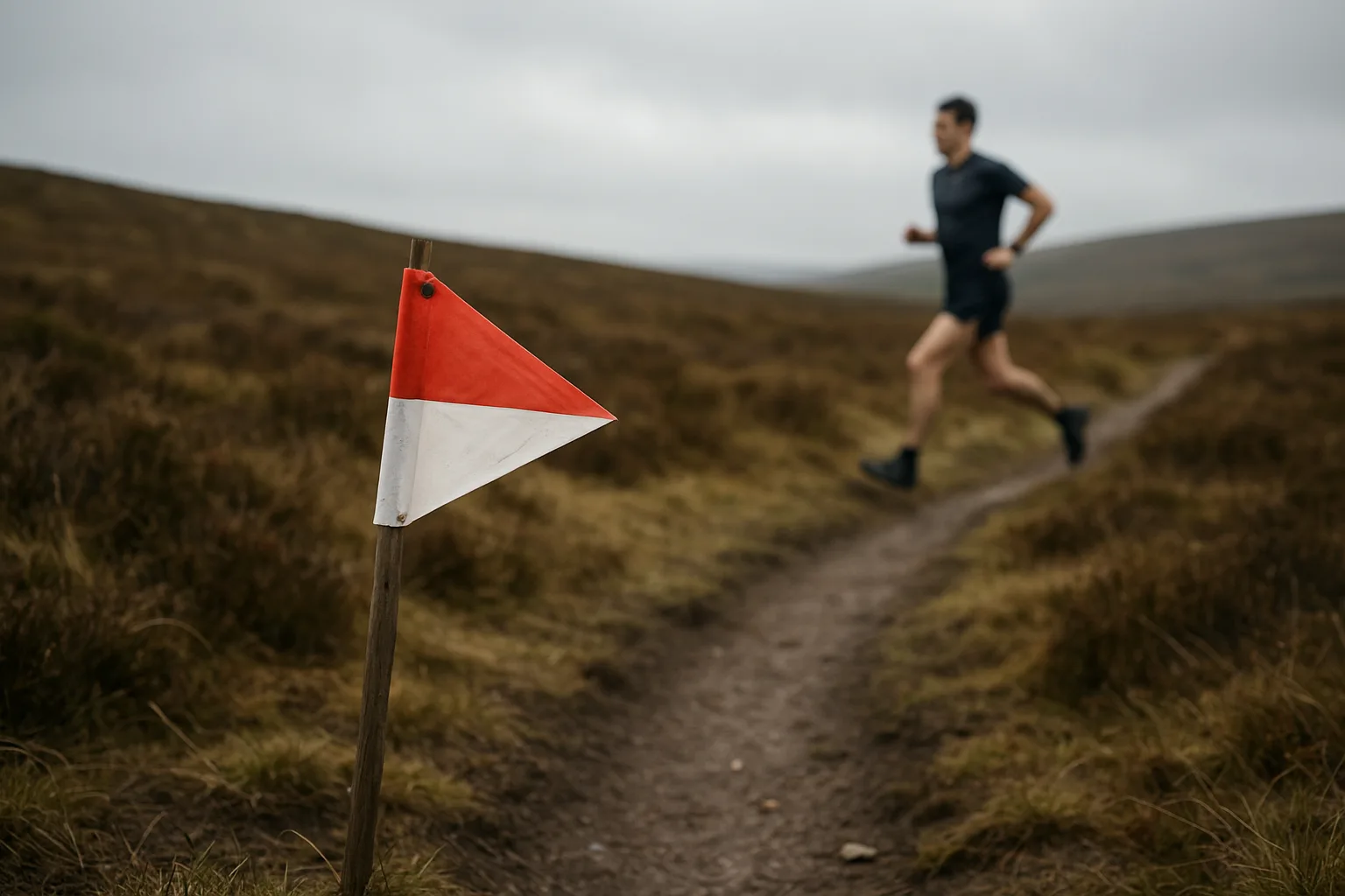 A trail race course marker flag on a mountain path, the kind of marked infrastructure an organised UK ultra-trail race provides that a Round doesn't.